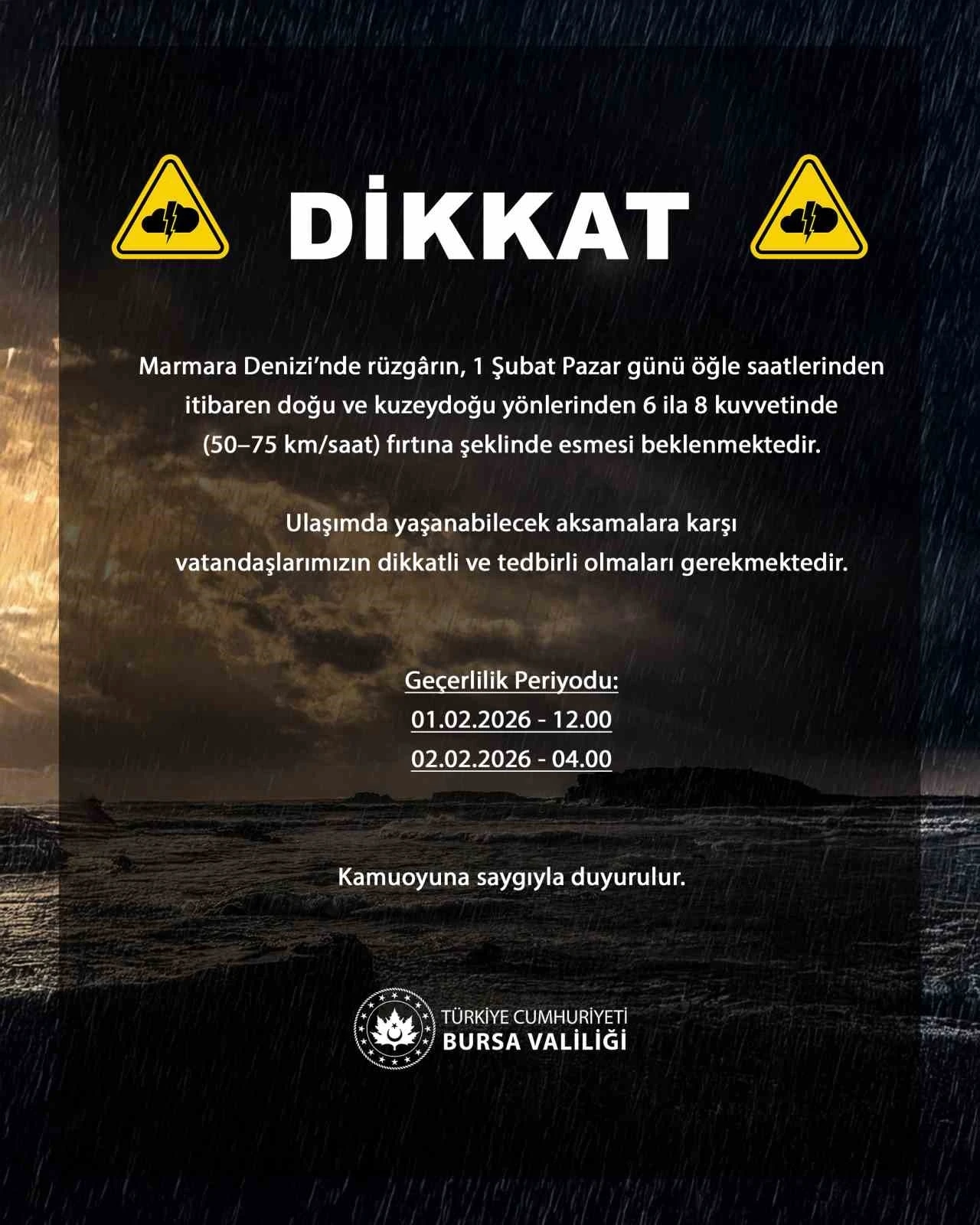 Bursa&rsquo;da saatteki hızı 75 kilometreye ulaşan fırtına bekleniyor
