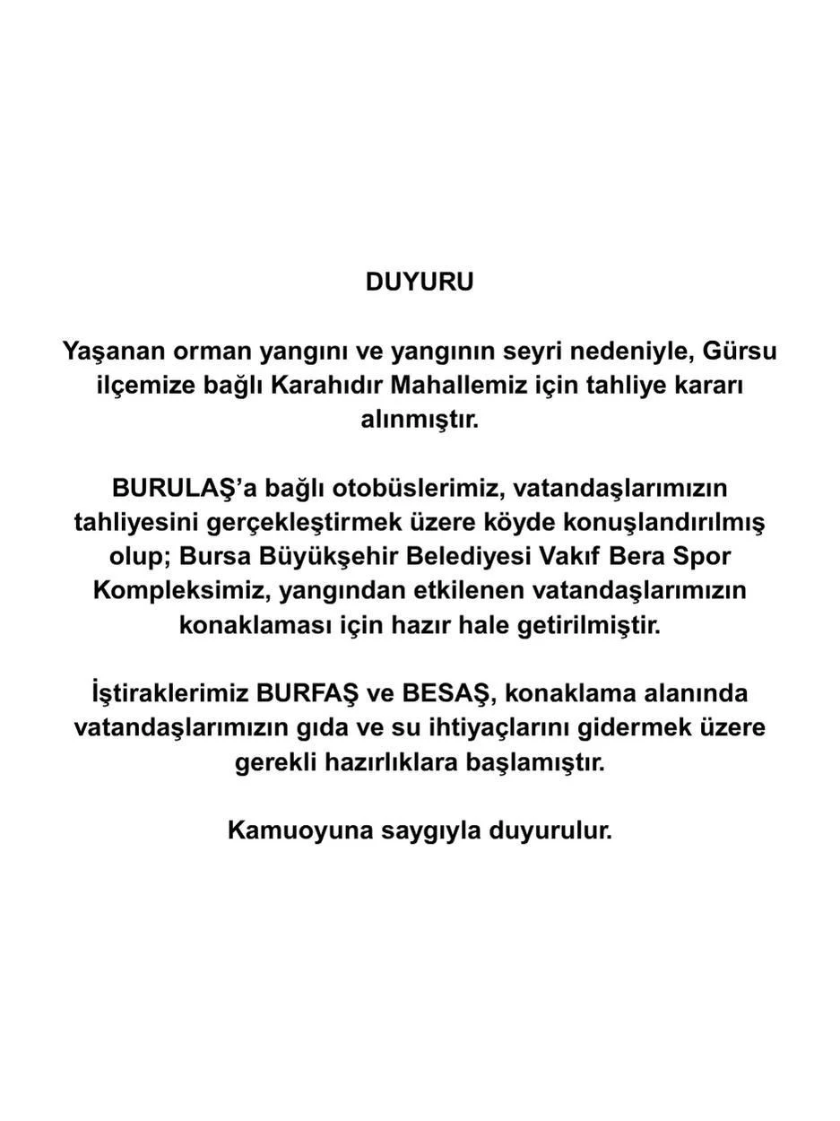 Bursa’da yangın sebebiyle Karahıdır Mahallesi boşaltılıyor
