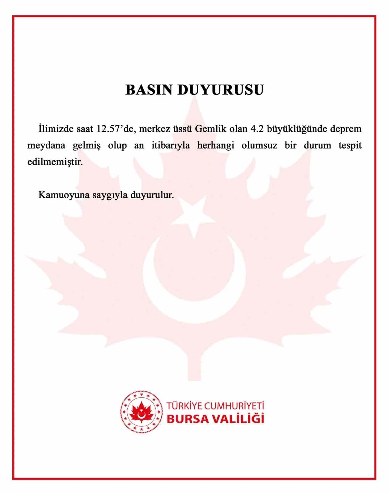 Bursa Valiliğinden deprem açıklaması: &quot;An itibarıyla olumsuz bir durum tespit edilmedi&quot;
