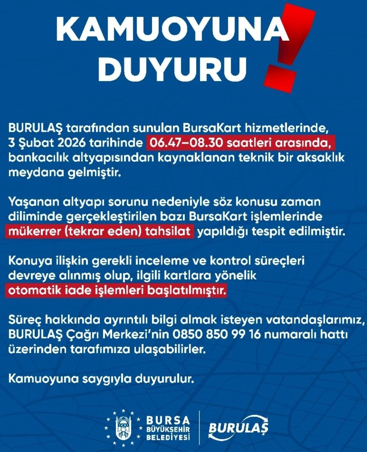 BURULAŞ&rsquo;tan &ouml;nemli uyarı
