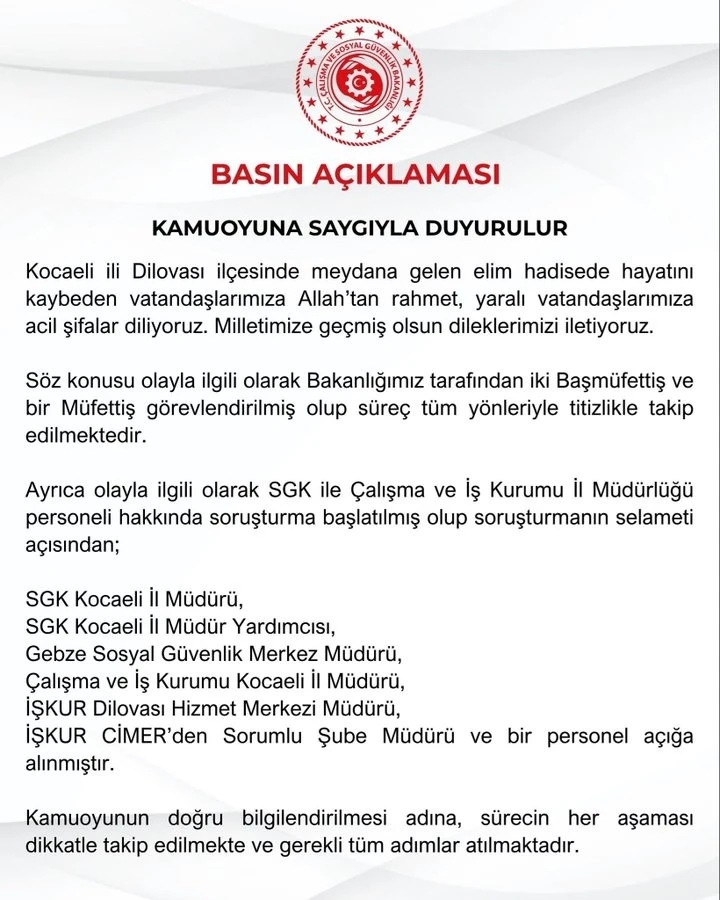 Çalışma ve Sosyal Güvenlik Bakanlığı Kocaeli’ndeki yangına ilişkin 7 kişiyi açığa aldı
