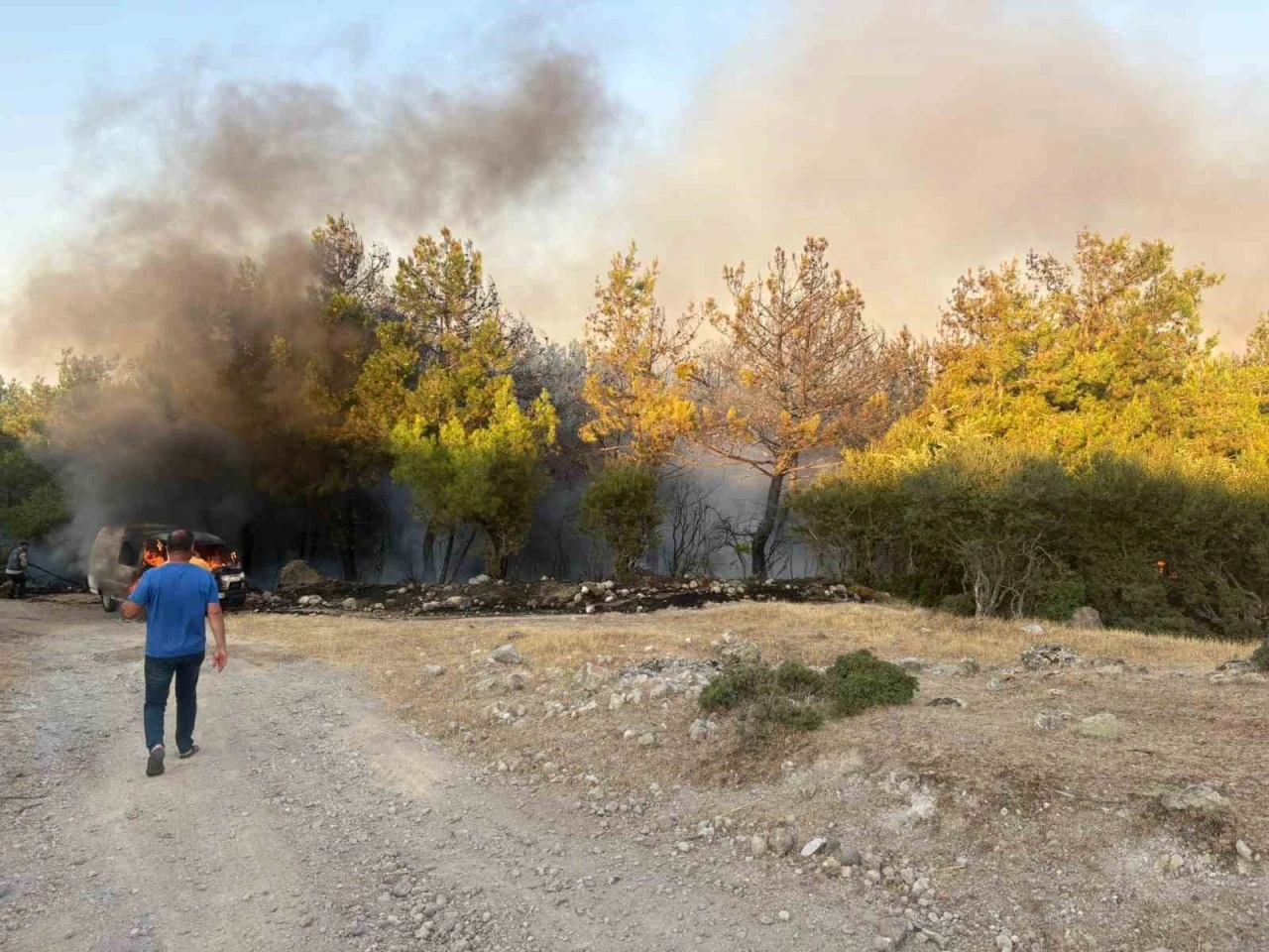 Çanakkale’de park halindeki midibüste çıkan yangın ormana sıçradı
