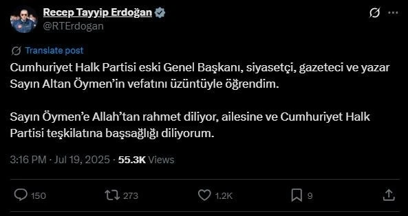 Cumhurbaşkanı Erdoğan’dan Altan Öymen için taziye mesajı
