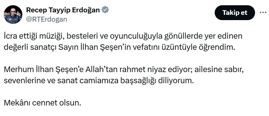 Cumhurbaşkanı Erdoğan’dan İlhan Şeşen için taziye mesajı
