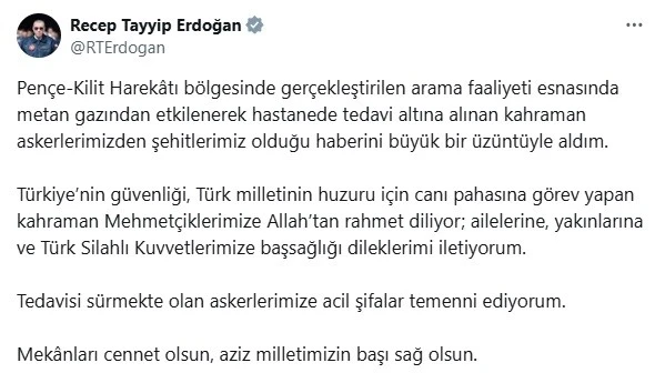 Cumhurbaşkanı Erdoğan’dan Pençe-Kilit bölgesindeki şehitler için taziye mesajı
