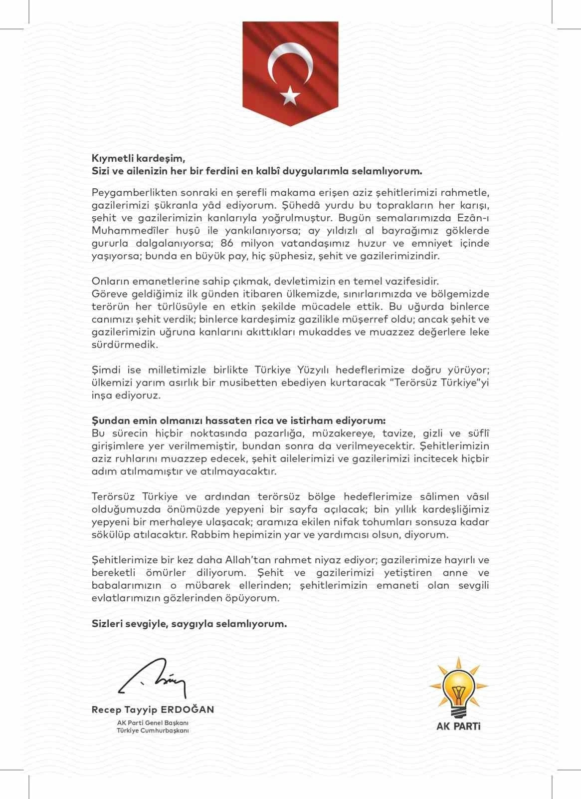Cumhurbaşkanı Erdoğan’dan şehit ve gazi ailelerine mektup
