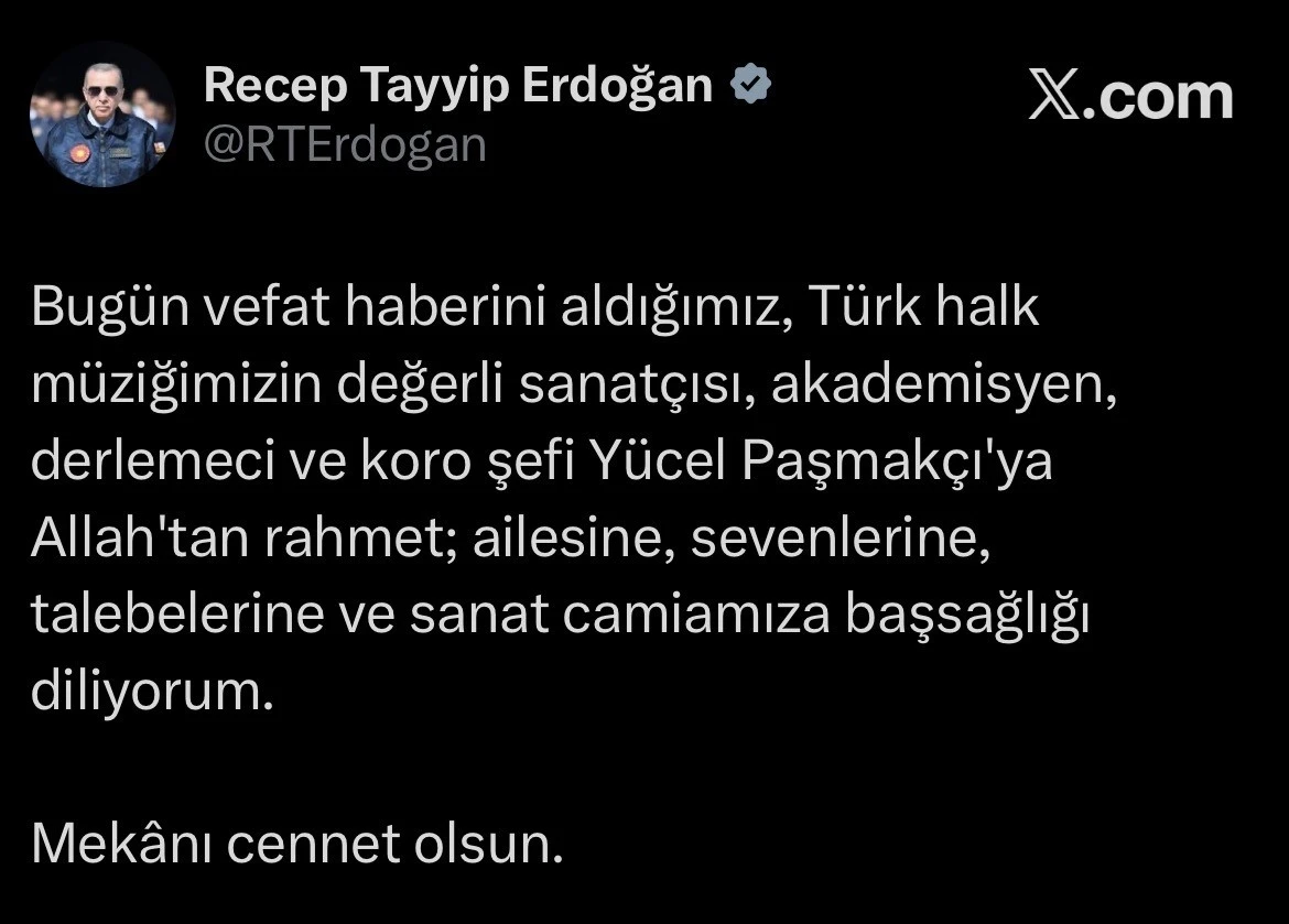 Cumhurbaşkanı Erdoğan&rsquo;dan Y&uuml;cel Paşmak&ccedil;ı i&ccedil;in taziye mesajı
