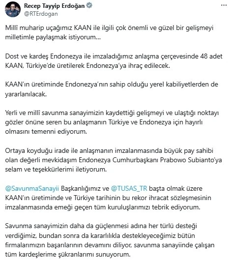 Cumhurbaşkanı Erdoğan duyurdu: Türkiye’den Endonezya’ya 48 KAAN’lık tarihi ihracat
