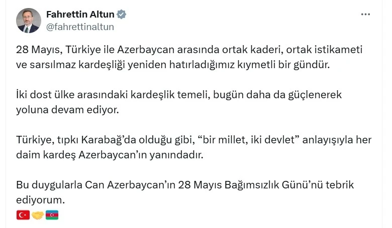 Fahrettin Altun'dan Azerbaycan'a Bağımsızlık Günü Tebriği
