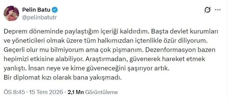 Deprem zamanında "Devlet yoktu" diye paylaşım yapan Pelin Batu &ouml;z&uuml;r diledi
