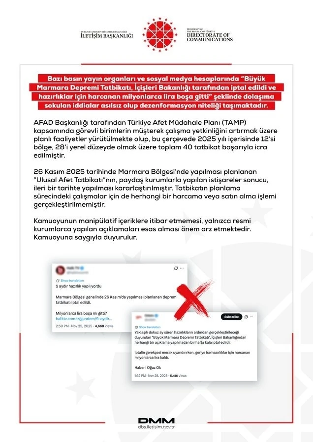 Dezenformasyonla Mücadele Merkezi’nden ‘Büyük Marmara Depremi Tatbikatı İçişleri Bakanlığı tarafından iptal edildi’ iddialarına yalanlama
