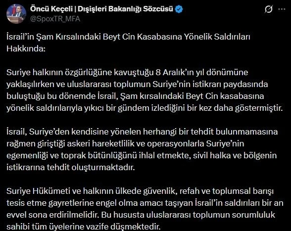 Dışişleri Bakanlığı Sözcüsü Keçeli’den İsrail’in Şam’a saldırılarına tepki
