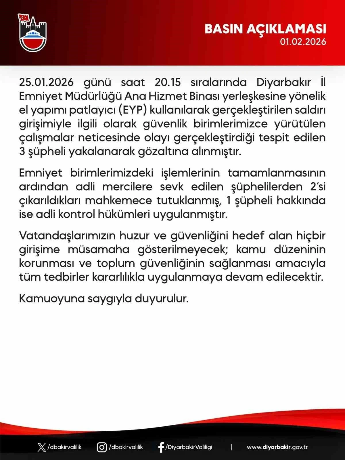 Diyarbakır Emniyet M&uuml;d&uuml;rl&uuml;ğ&uuml;ne EYP&rsquo;li saldırıda 3 g&ouml;zaltı

