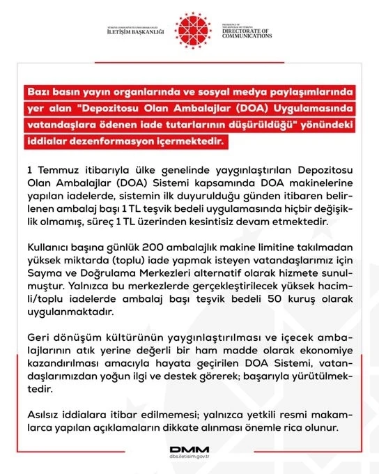 DMM&rsquo;den "DOA Uygulamasında vatandaşlara &ouml;denen iade tutarının d&uuml;ş&uuml;r&uuml;ld&uuml;ğ&uuml;" iddialarına yalanlama
