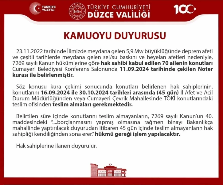 Düzce Valiliğinden "konutunuzu teslim alın" duyurusu
