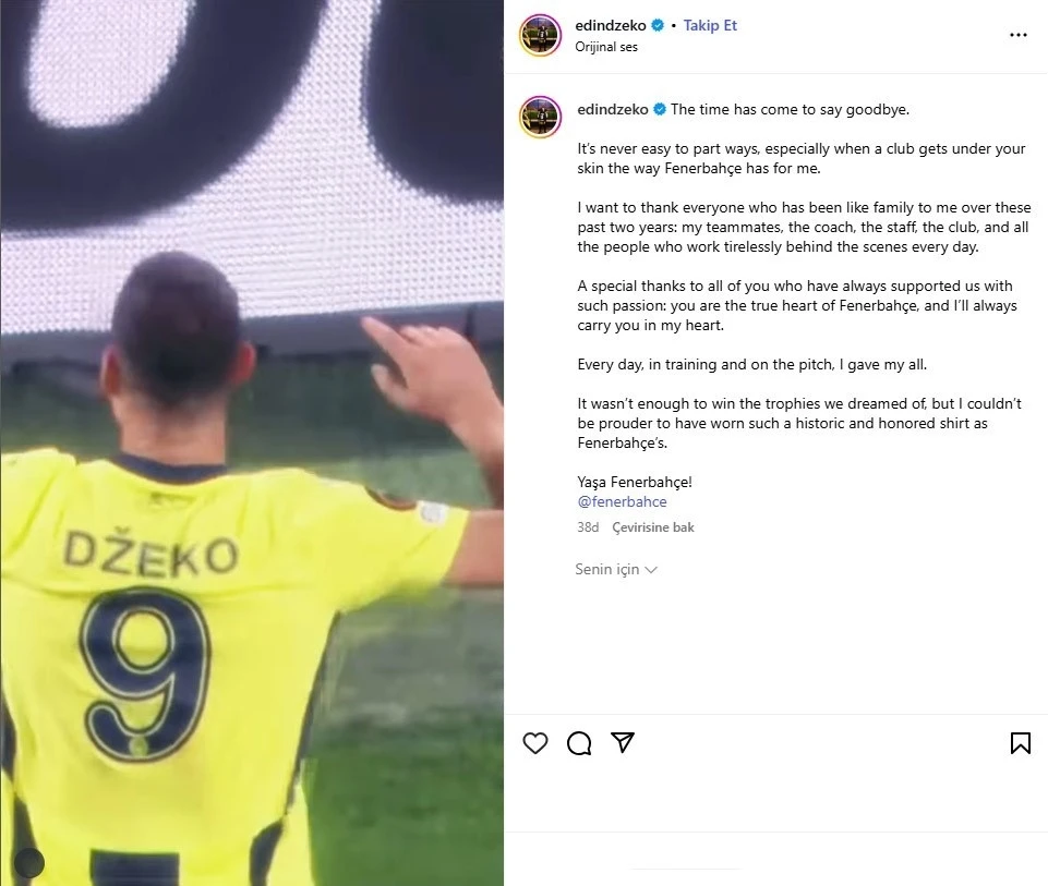 Edin Dzeko, Fenerbahçe’ye veda etti
