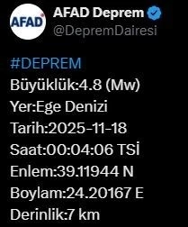 Ege Denizi’nde 4.8 büyüklüğünde deprem
