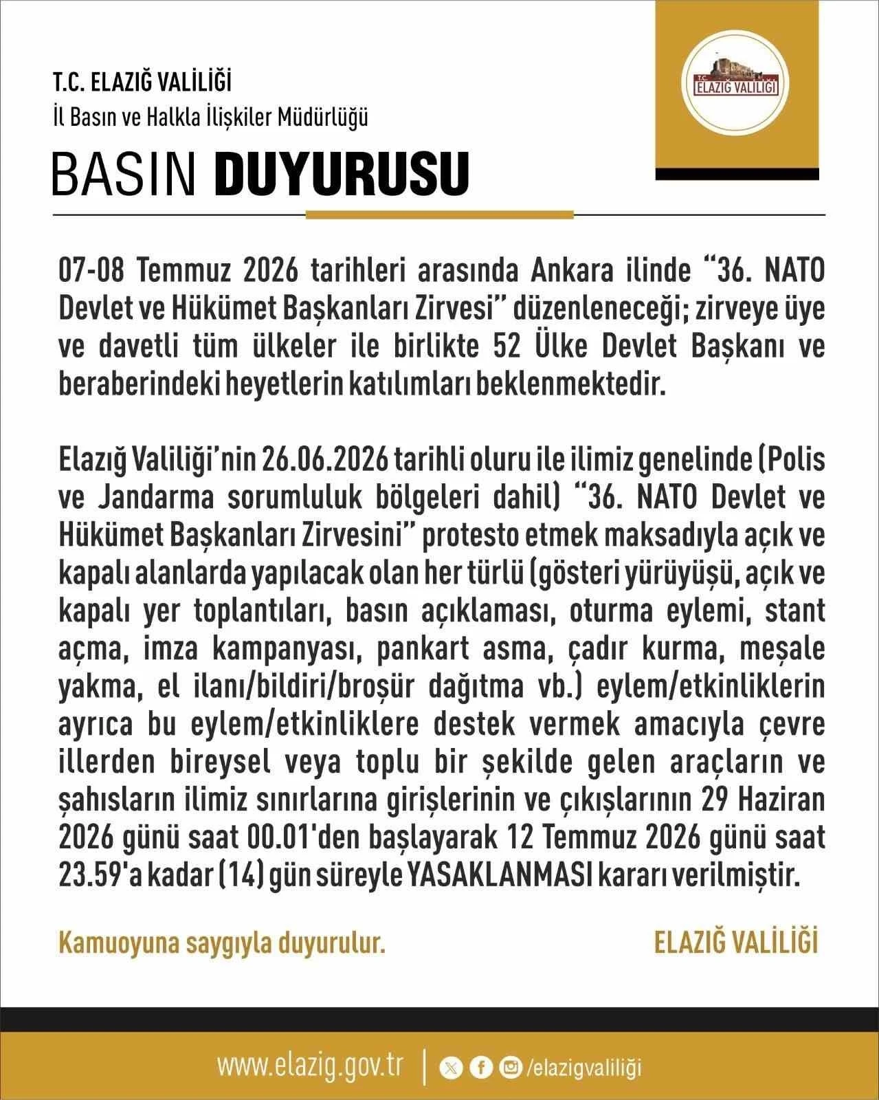Elazığ&rsquo;da 14 g&uuml;nl&uuml;k eylem yasağı
