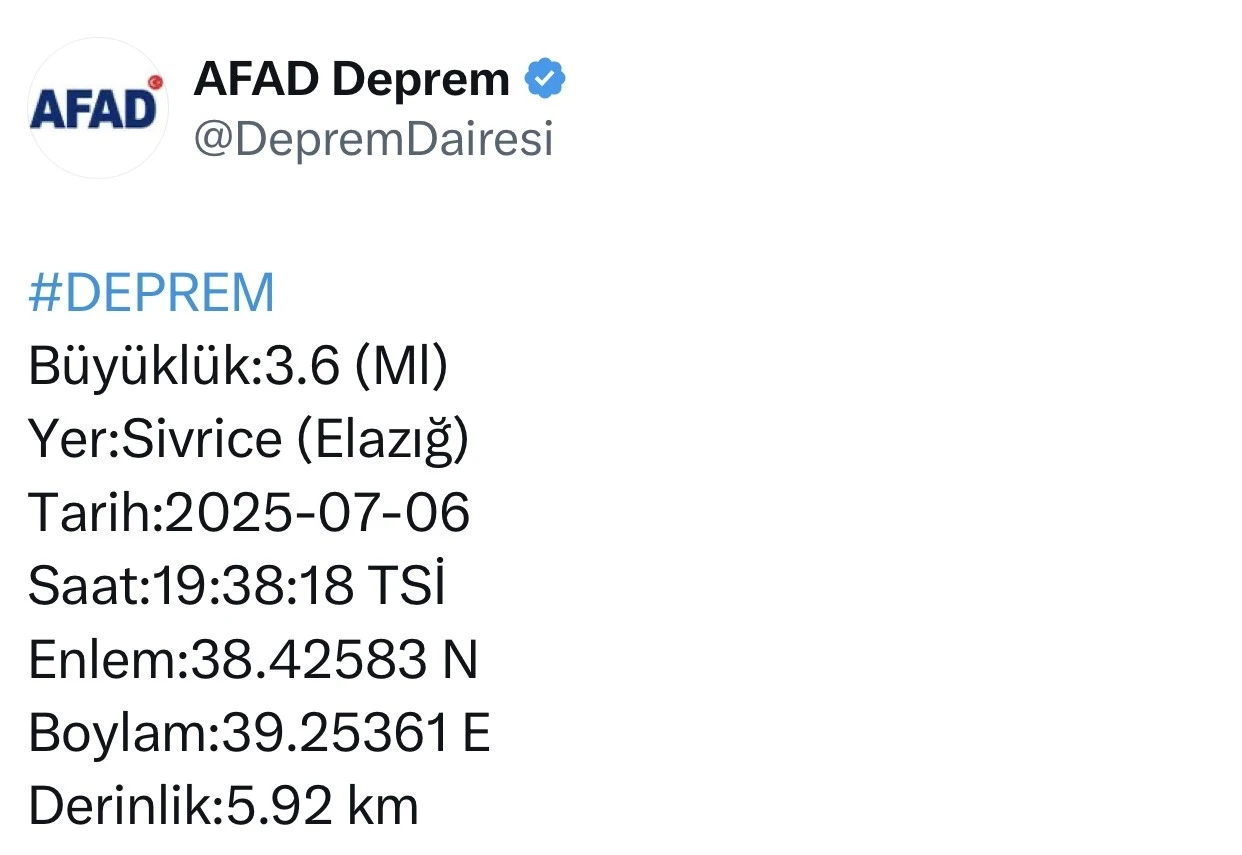Elazığ’da 3.6 büyüklüğünde deprem
