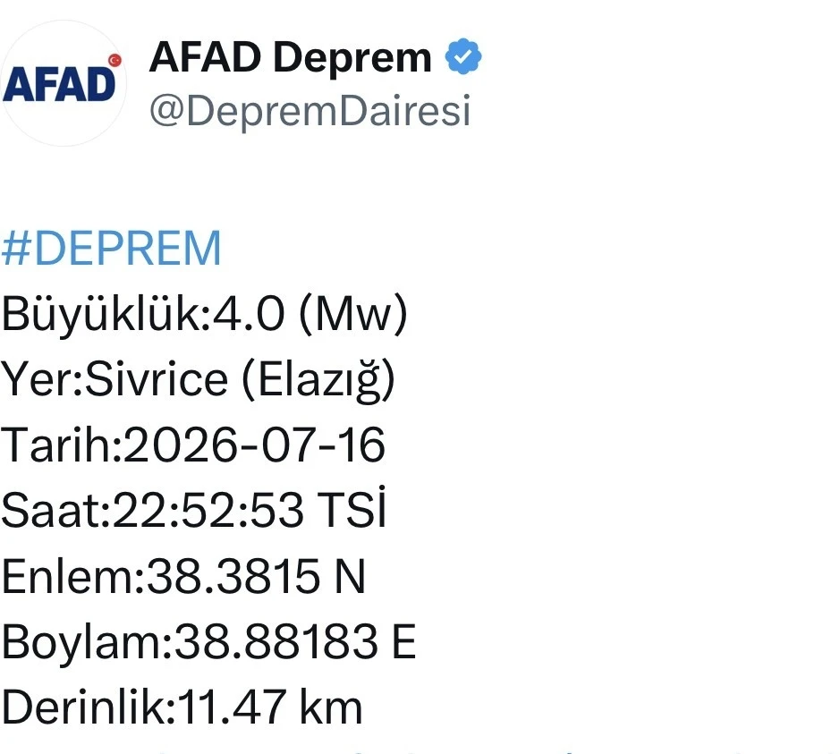 Elazığ&rsquo;da 4.0 b&uuml;y&uuml;kl&uuml;ğ&uuml;nde deprem
