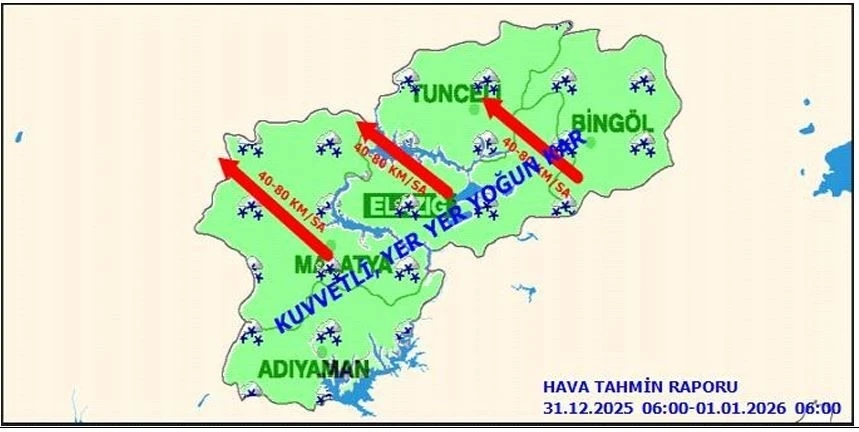 Elazığ i&ccedil;in kuvvetli kar ve r&uuml;zgar uyarısı
