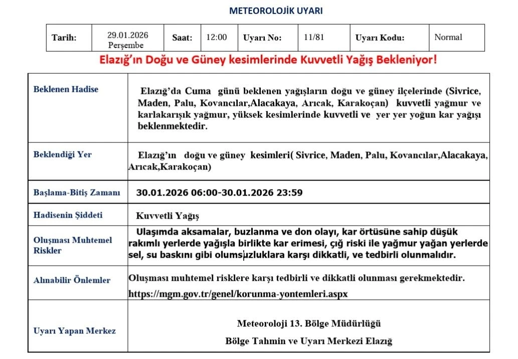 Elazığ i&ccedil;in kuvvetli yağış uyarısı
