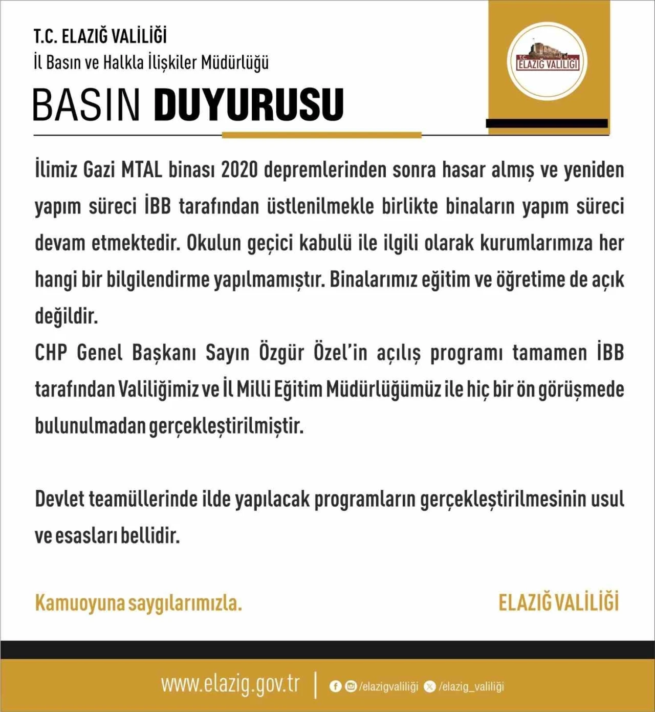 Elazığ Valiliği’nden Özgür Özel’in açılışını yaptığı okulla ilgili açıklama
