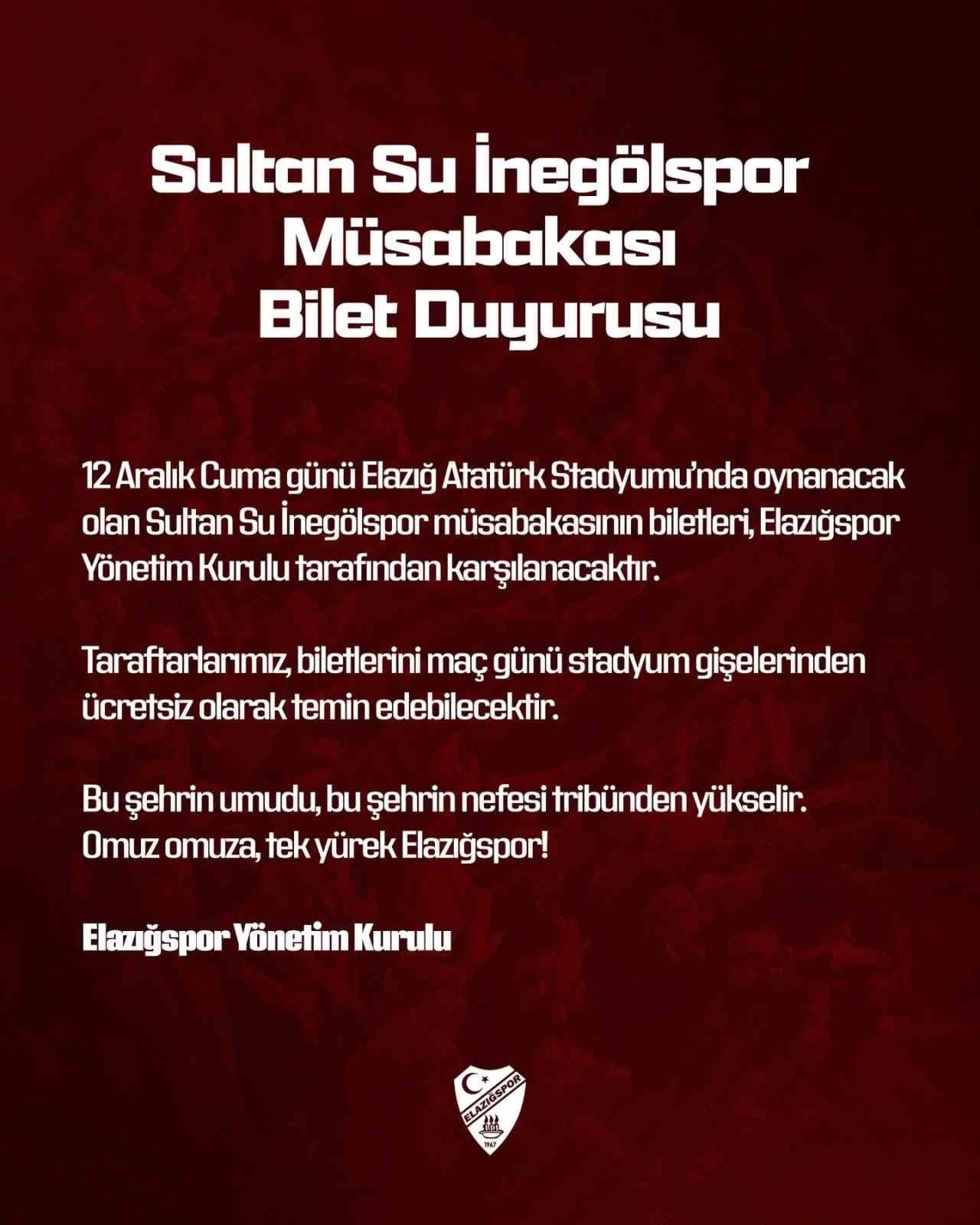 Elazığspor yönetimi biletleri ücretsiz yaptı
