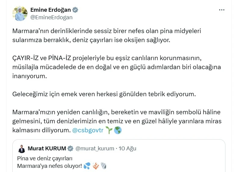 Emine Erdoğan’dan Marmara Denizi’nde başlatılan pina midyeleri ve deniz çayırları projesine ilişkin paylaşım:
