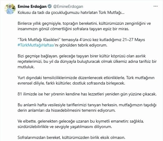 Emine Erdoğan’dan Türk Mutfağı Haftası paylaşımı
