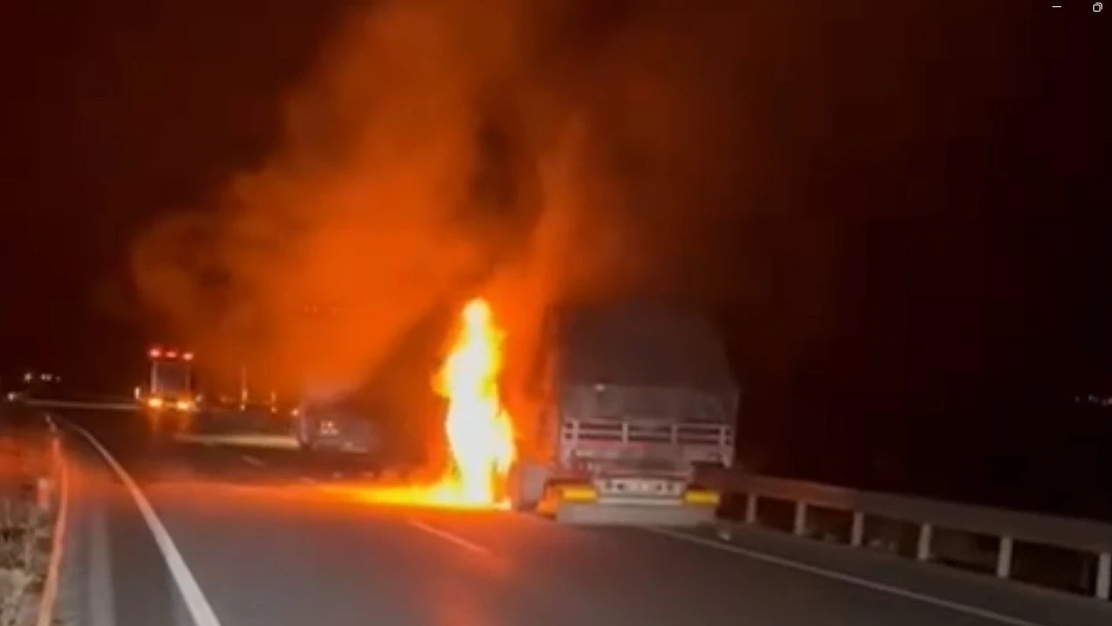 Erzincan&rsquo;da seyir halindeki tır alev alev yandı
