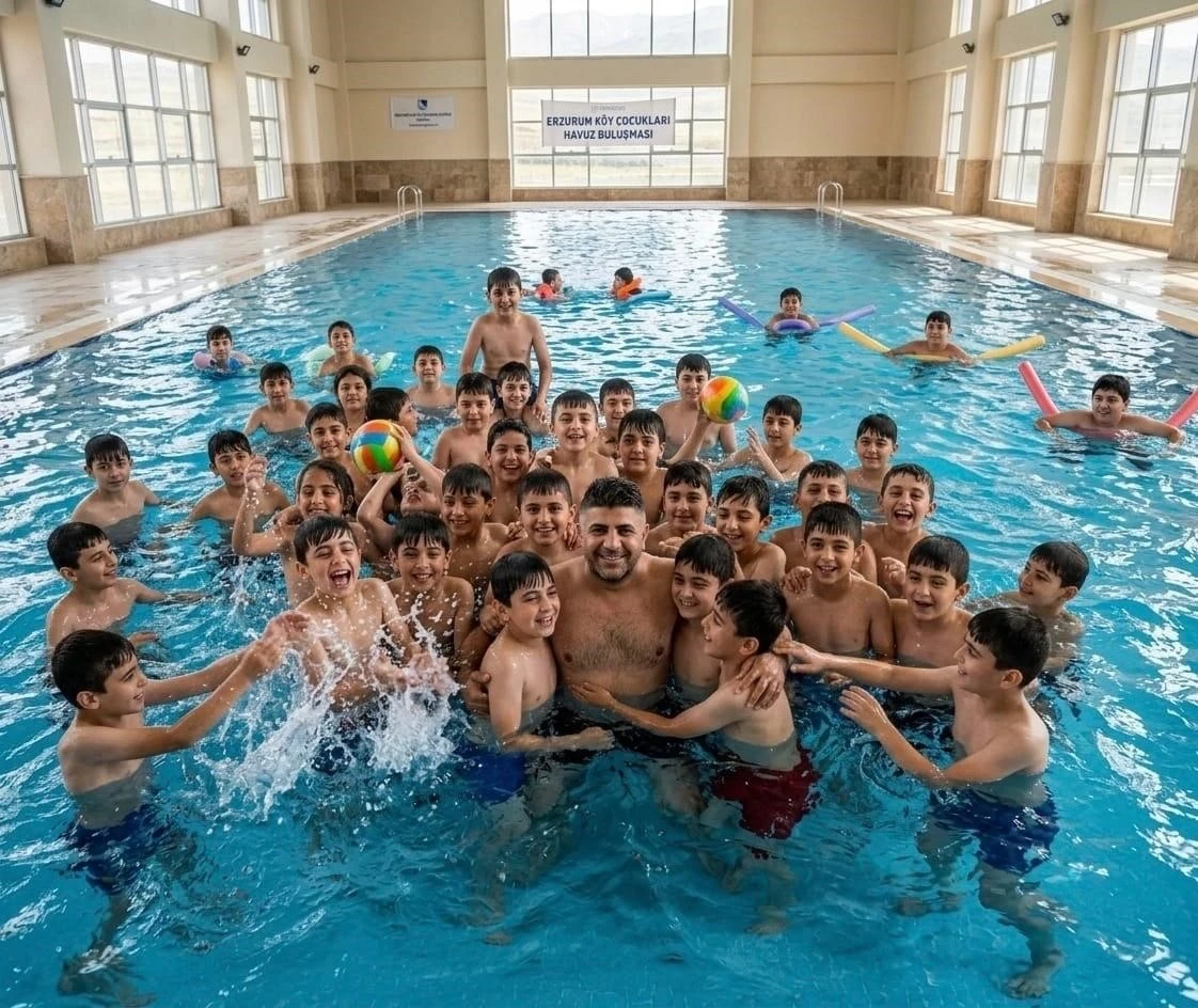 Erzurumlu iş insanından k&ouml;y &ccedil;ocuklarına havuz jesti: 2 bin 500 &ccedil;ocuk ilk kez havuzla buluştu
