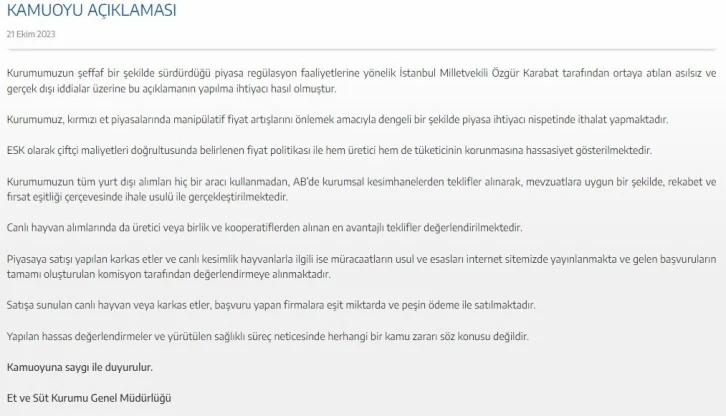 Et ve S&uuml;t Kurumu&rsquo;ndan, CHP Milletvekili Karabat&rsquo;a cevap
