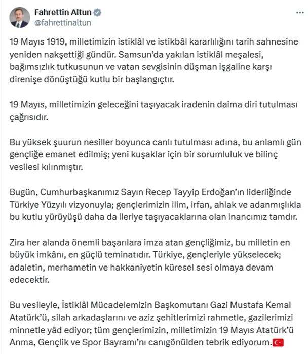 Fahrettin Altun’dan 19 Mayıs mesajı: &quot;Milletimizin istiklal ve istikbal kararlılığıdır&quot;

