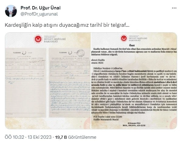 Filistinlilerin 1. D&uuml;nya Savaşı&rsquo;na Osmanlı&rsquo;ya g&ouml;nderdiği &lsquo;destek&rsquo; telgrafı ortaya &ccedil;ıktı
