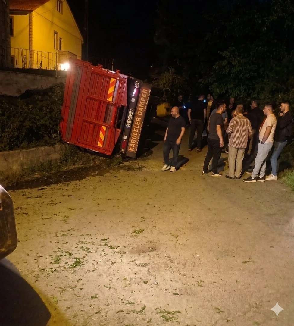 Giresun’da yaş çay yüklü kamyon devrildi