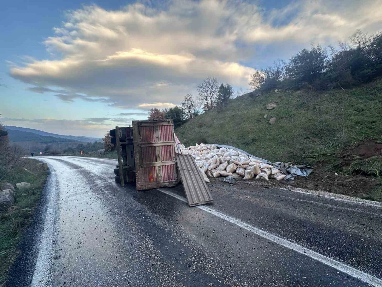 G&ouml;nen-Denizkent yolunda kamyon devrildi
