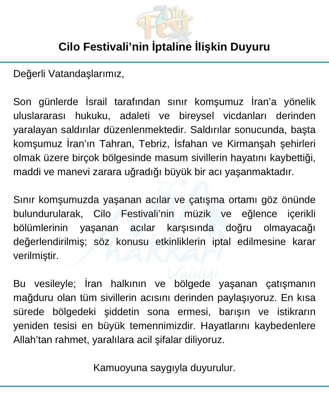 Hakkari Cilofest-2025 eğlence programı iptal edildi
