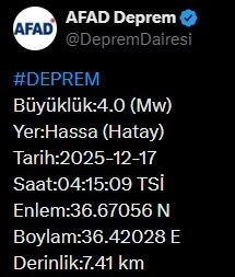 Hatay&rsquo;da 4.0 b&uuml;y&uuml;kl&uuml;ğ&uuml;nde deprem

