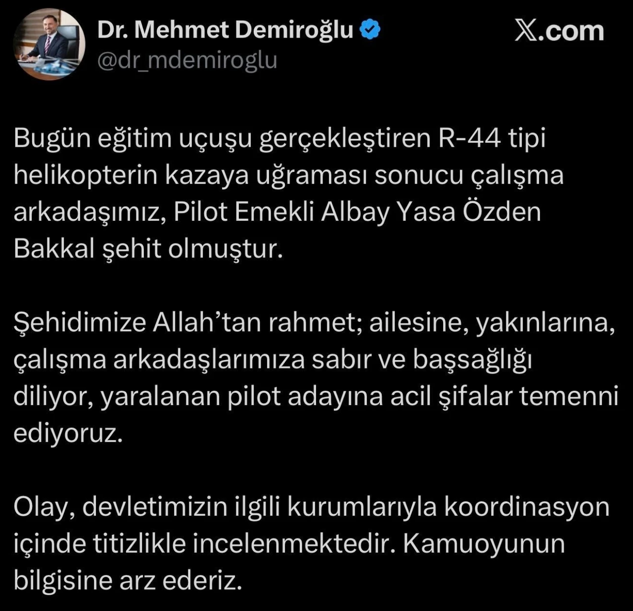 Helikopter kazasında yaralanan pilot adayının tedavisi s&uuml;r&uuml;yor
