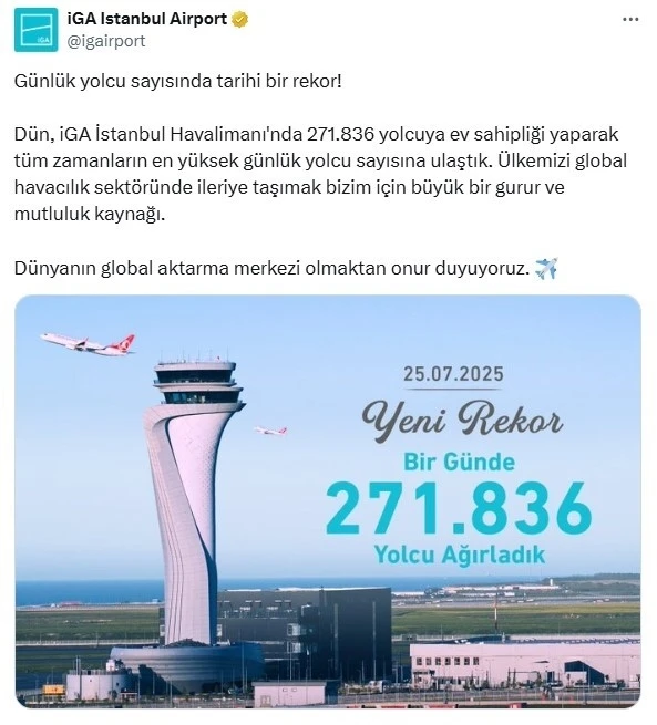 İGA İstanbul Havalimanı’nda yolcu rekoru kırıldı

