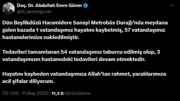 İl Sağlık Müdürü Güner: &quot;Metrobüs kazasında 1 vatandaşımız hayatını kaybetti, 57 vatandaşımız yaralandı&quot;
