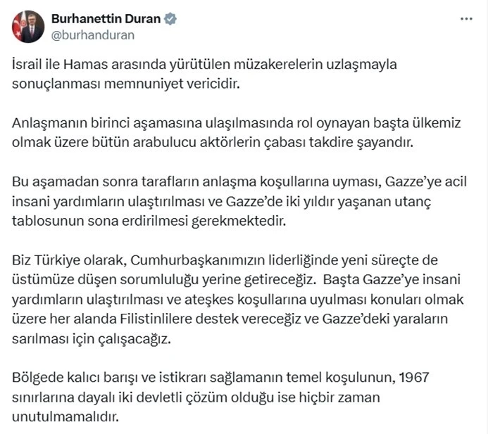 İletişim Başkanı Duran: &quot;İsrail ile Hamas arasındaki uzlaşma memnuniyet verici&quot;
