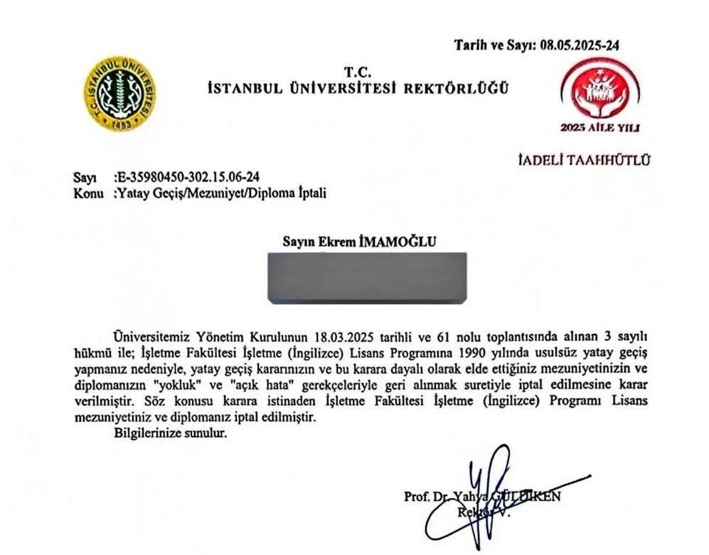 İmamoğlu’nun diplomasının iptali İstanbul Üniversitesi tarafından tebliğ edildi

