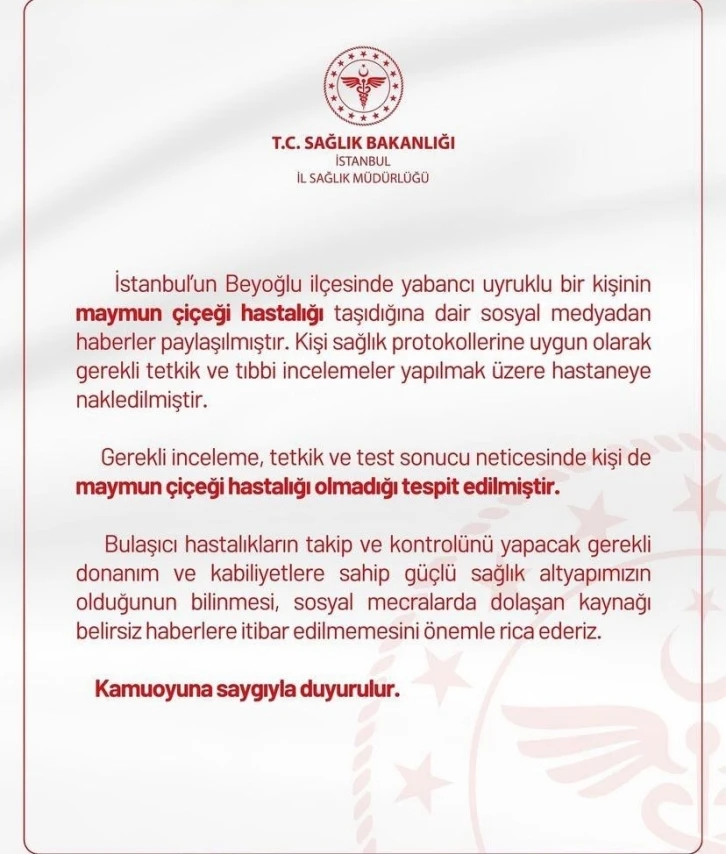 İstanbul İl Sağlık Müdürlüğü’nden "İstanbul’da maymun çiçeği görüldü" iddialarına ilişkin açıklama