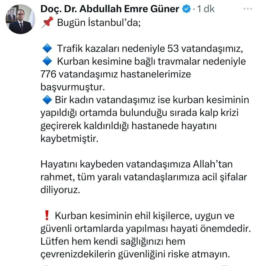 İstanbul İl Sağlık Müdürü Doç. Dr. Abdullah Emre Güner, bayram bilançosunu açıkladı

