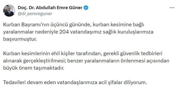 İstanbul İl Sağlık M&uuml;d&uuml;r&uuml; G&uuml;ner: "Kurban Bayramı&rsquo;nın &uuml;&ccedil;&uuml;nc&uuml; g&uuml;n&uuml;nde 204 kişi yaralandı"

