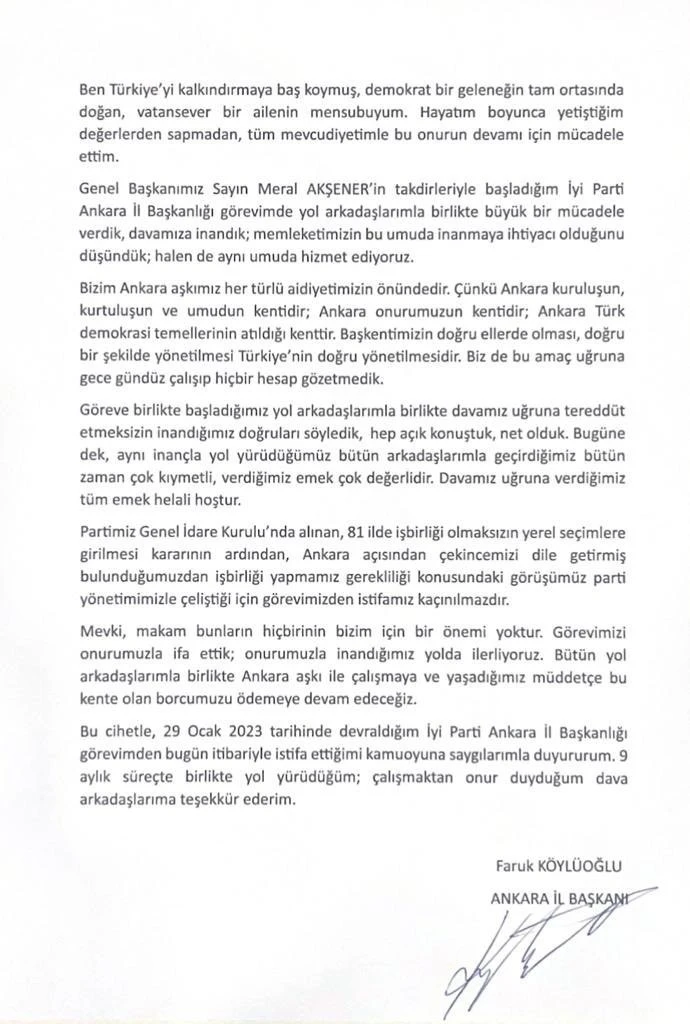 İYİ Parti Ankara İl Başkanı Faruk K&ouml;yl&uuml;oğlu istifa etti
