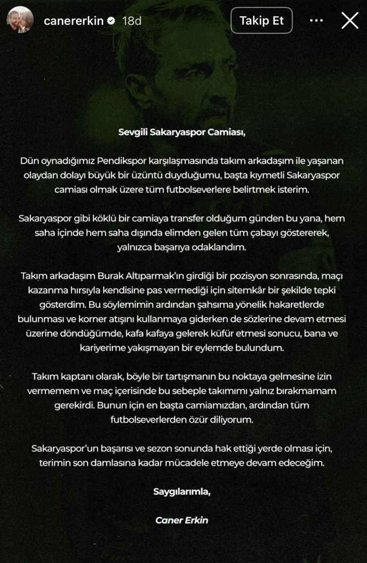 Kadro dışı kalan Caner Erkin’den açıklama
