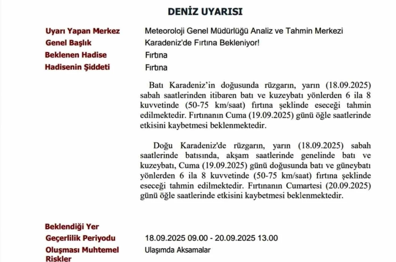 Karadeniz’de fırtına uyarısı
